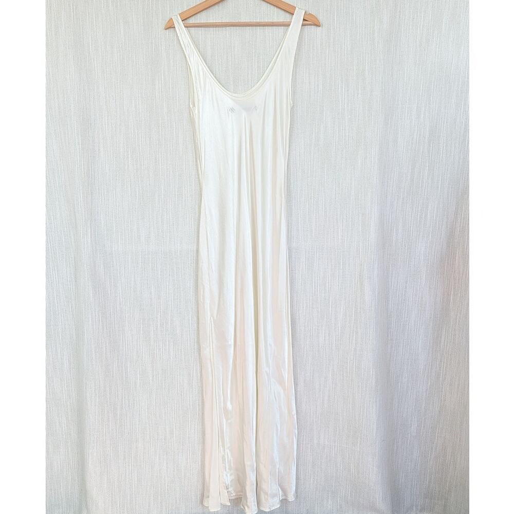 Enza Costa Off-White Satin Slip Maxi Dress Womens 2 Sleeveless Scoop Neck Split - Picture 3 of 10